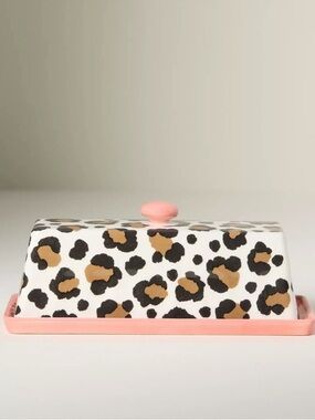 Anthropologie Leopard Print Stoneware Butter Dish with Pink Base and Knob